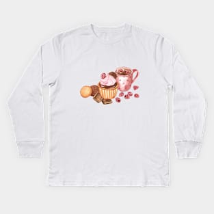 Cupcake and hot chocolate watercolor Kids Long Sleeve T-Shirt